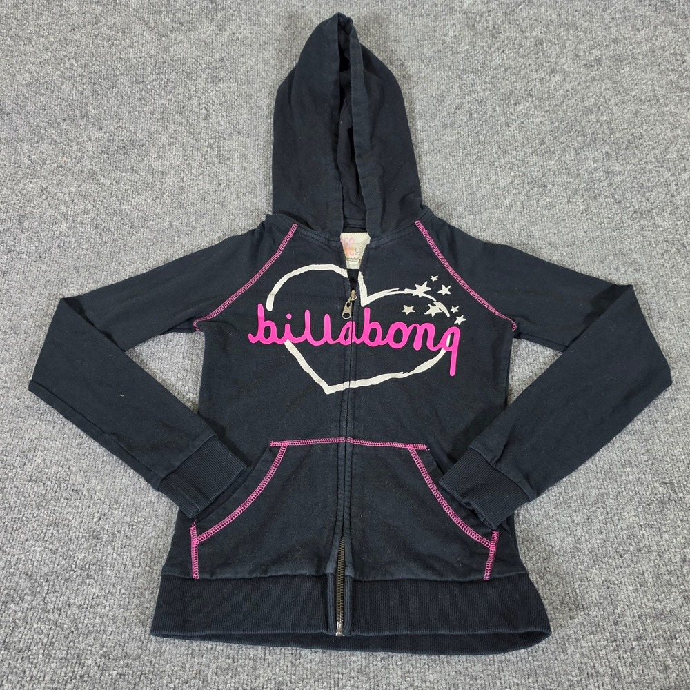 Billabong Billie Girls Black Pink Heart Star Full Zip Hoodie Sweatshirt Size M